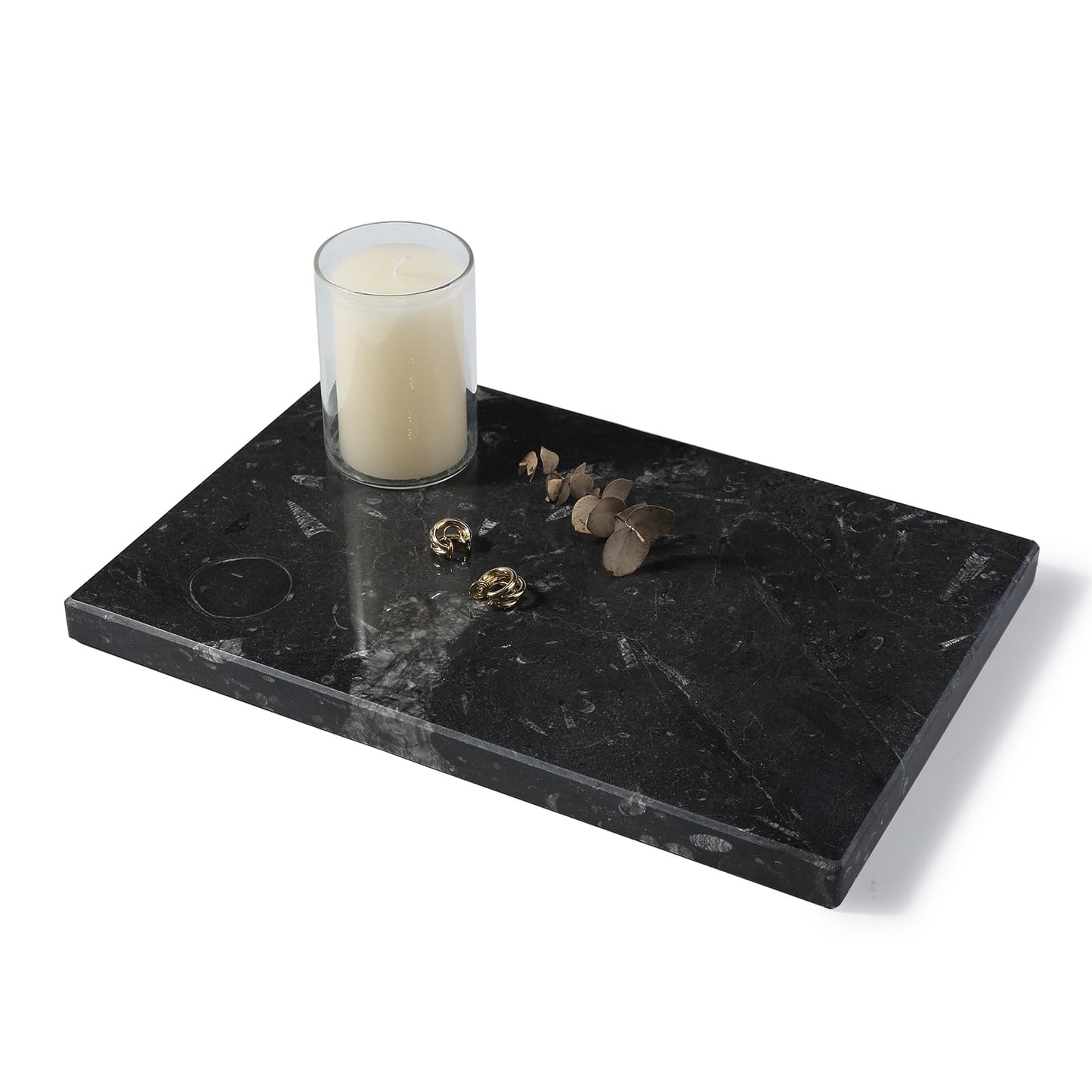 Natural Moroccan Fossil Stone Tray - Black Marble Decorative Serving Board for Charcuterie, Cheese, Pastry - Jewelry, Candles, Perfume, Trinket Plate, Kitchen & Home Decor Centerpiece 12"x 8"