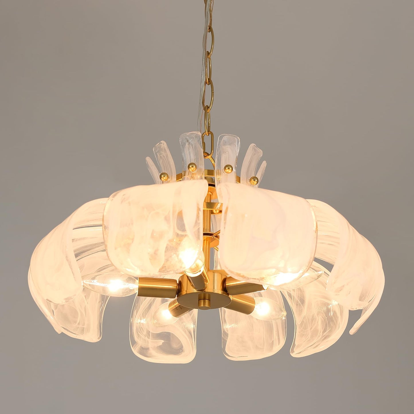 Wrlmfy Hammered Alabaster Glass Chandelier, 18" Hand-Blown Glass Pendant Brass Gold Hanging Lighting Fixture for Kitchen Island Dining Living Room Entryway, E12 Base (Gold & White Hammered Glass)
