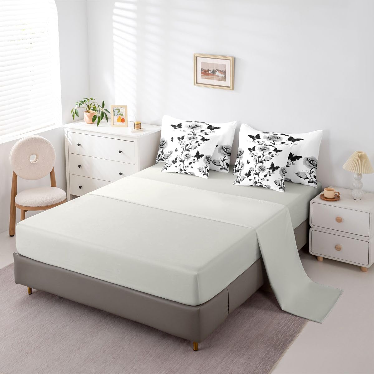 Erosebridal Rose Comforter Sets with Sheets - Romantic Roses Bedding Set Full for Boys Girls Flower Pattern 7Pcs Bed in A Bag Watercolor Silver Grey Bed Set