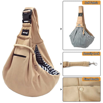 NATUYA Pet Sling Carrier Small Dog Sling Cat Carrier Bag Adjustable Strap Hands-free Sling Pet Carrier Bag with Front Zipper Pocket Safety Belt for Outdoor Traveling Subway (Khaki, Cotton Style)