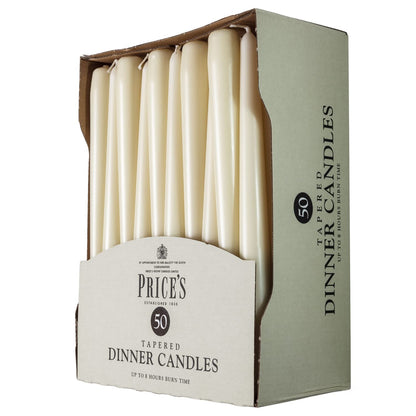 Price's Candles Tapered Dinner Candles Ivory Unscented Wax Pack of 50 | 7 Hour Burn Time Elegant Long Candles for Home Decor, Events, Celebrations & Dining