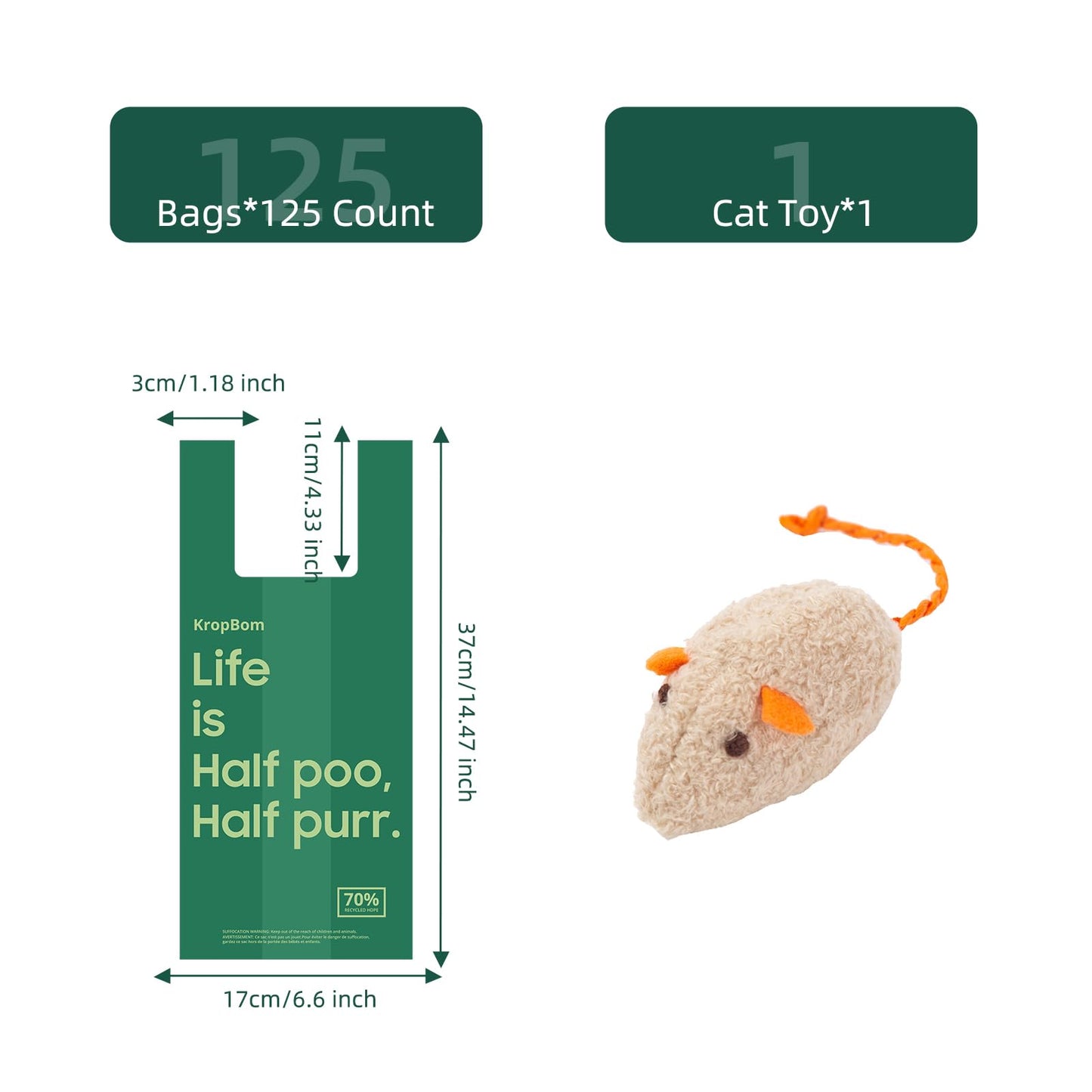 125 Count Cat Poop Bags with Handles, Disposable Litter Bags for Pet Poop, Extra-Thick Kitty Cat Waste Bags Easy Tie Leak-Proof Strengthen Unscented (Made of 70% Recycled Plastic)