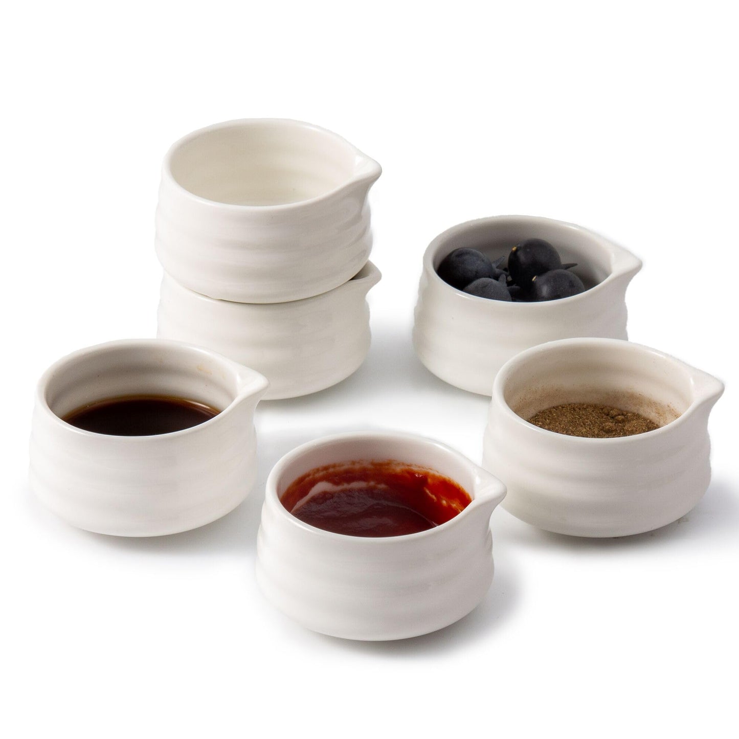 YumiPLUS 6pcs Ceramic Dipping Bowl with Spout, 3OZ Porcelain Mini Ramekins, Small Condiment Dish, Cute Pinch Bowl Set, Sauce Dish for Sushi/Ketchup/BBQ,Oven Safe