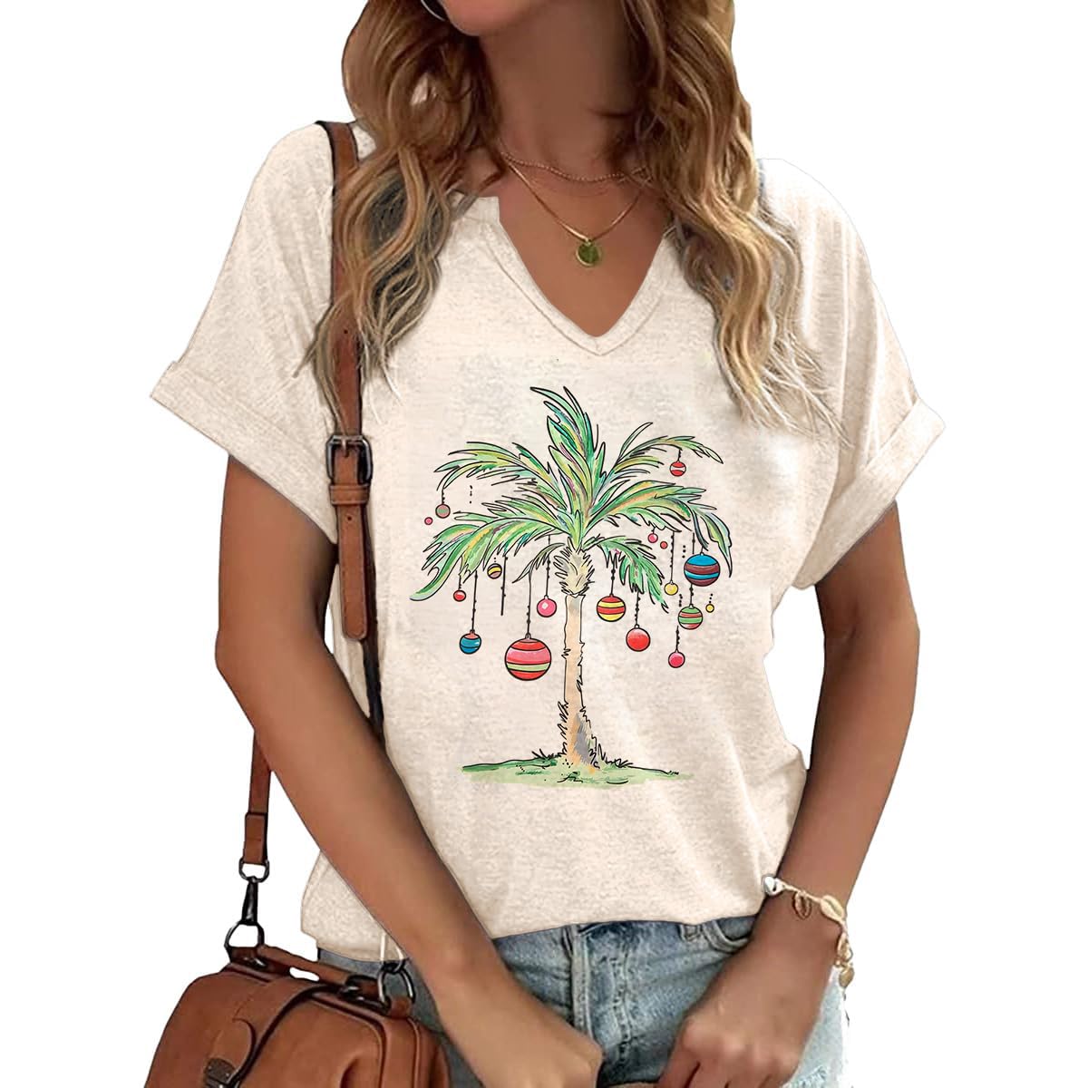 PUCKOLITY Christmas Shirts for Women Cute Christmas Palm Tree Graphic V-Neck Shirts Short Sleeve Funny Print Xmas Holiday Tee Tops（L,1 Apricot）