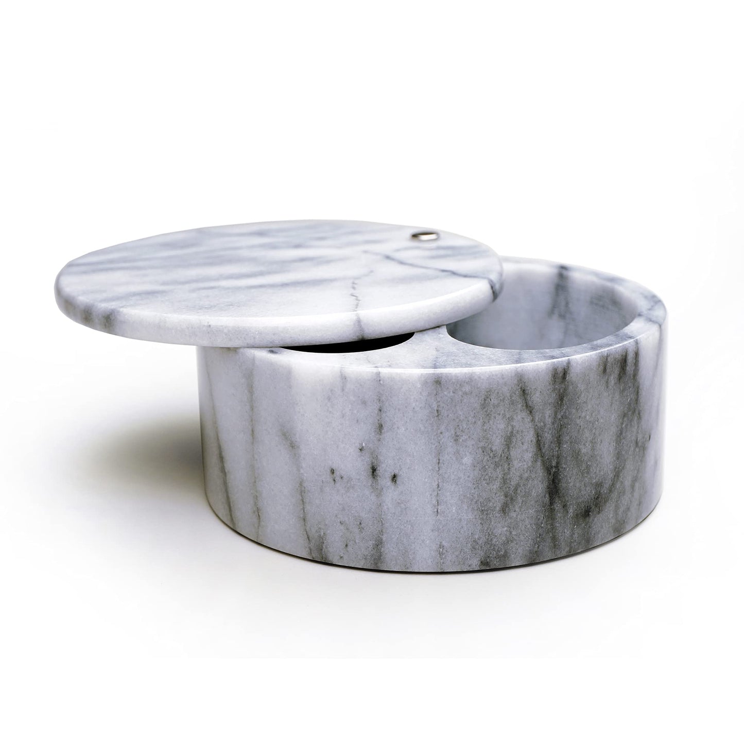 RSVP International Dual Compartment Box | Chic & Modern Herb Container | 10 Ounces Total | Swivel Top Protects Salts | Beautiful, Solid Marble, 5", White