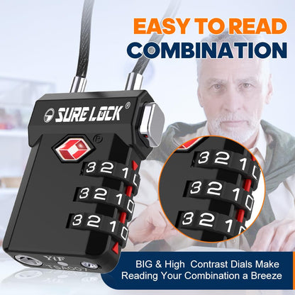 SURE LOCK TSA Approved 3-Digit Combination Luggage Locks – Open Alert Indicator, Re-settable Code with Zinc Alloy Body, Easy-Read Dials for Suitcase, Backpack, Gym Locker & Toolbox(Black 1 Pack)