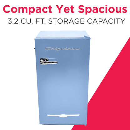 Frigidaire Retro Compact Fridge with Chiller, 3.2 cu ft Countertop Fridge with Built-In Bottle Opener, Compact Refrigerator for Office, Bedroom, Dorm Room or Cabin - 16.5" D x 19" W x 31" H (Blue)
