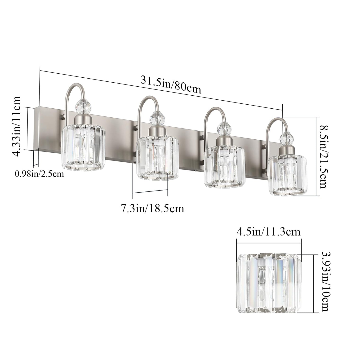 Ralbay 4-Light Crystal Vanity Light for Bathroom Brushed Nickel Modern Bathroom Light Fixtures