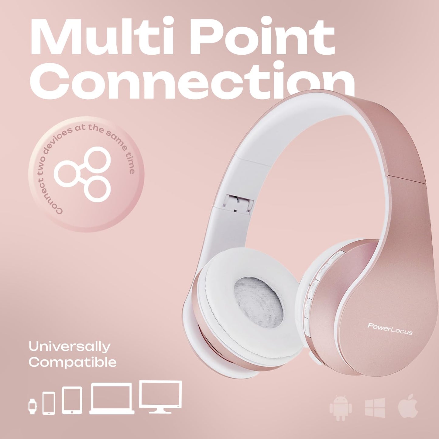 PowerLocus Wireless Bluetooth Over-Ear Stereo Foldable Headphones, Wired Headsets with Built-in Microphone for iPhone, Samsung, LG, iPad (Rose Gold)