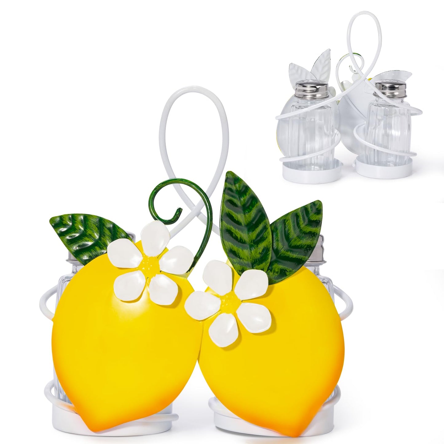 Lemon Cute Salt and Pepper Shakers Set with Holder - 2oz Seasoning Containers with Lemon Decor Holder, Yellow Kitchen Decor and Accessories, Housewarming Gifts for Women, Portable Metal Stand