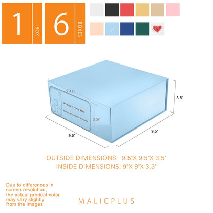 MALICPLUS 6 Gift Boxes with Lids 9x9x3.4 Inches, Light Blue Bridesmaids Proposal Boxes with Magnetic Closure for All Occasion (Glossy Blue)