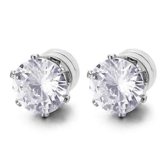 Unisex Magnetic Cubic Zirconia Stud Earrings, 6mm Brilliant Round Stainless Steel Non-Piercing Studs, 1 Pair
