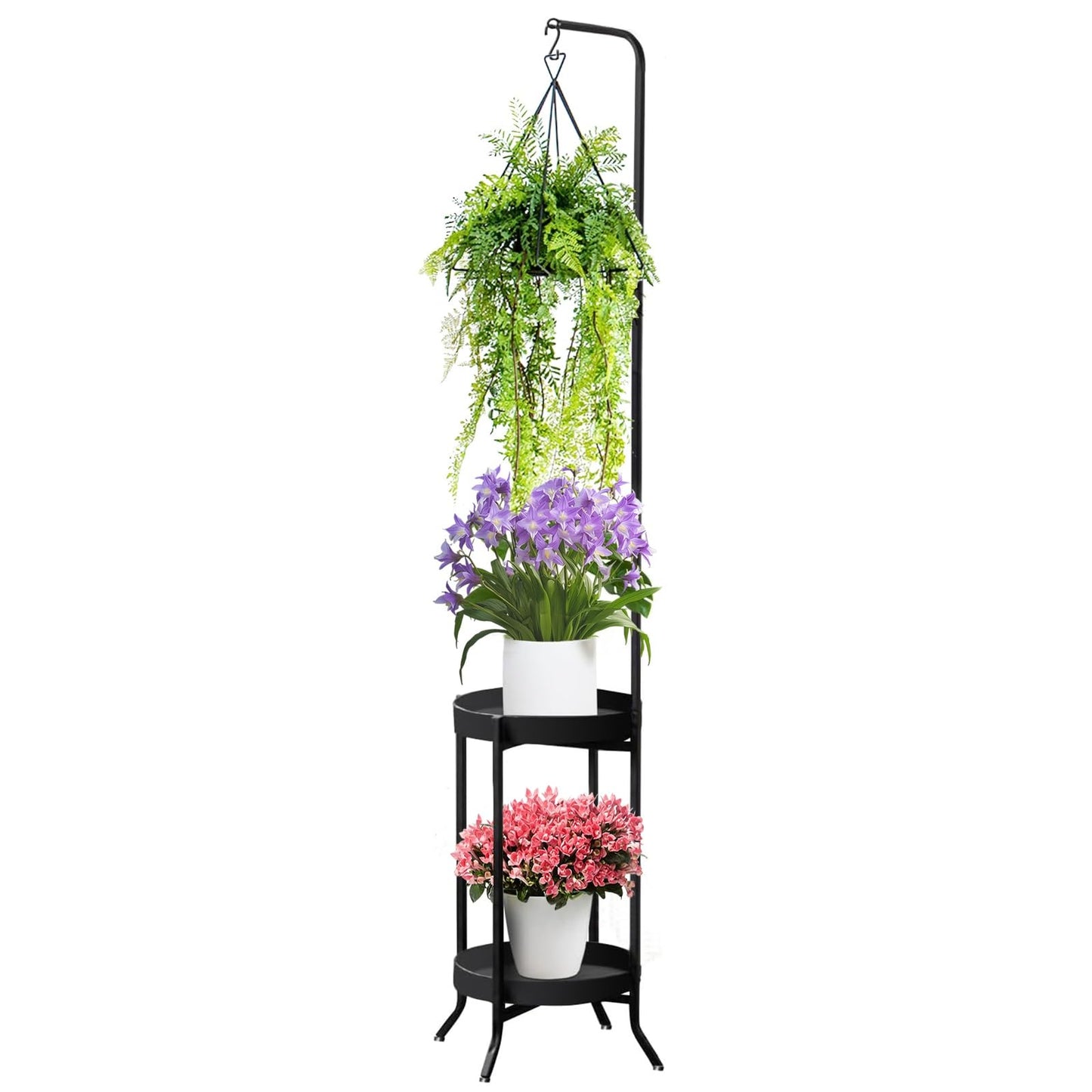 RINBOU Hanging Plant Stand Indoor Outdoor, Space-Saving Corner Metal Plant Shelf 3 Potted Flower Pot Stand, 2 Tier 61" Tall Modern Planter Holder for Patio Garden Balcony Living Room Bedroom, Black