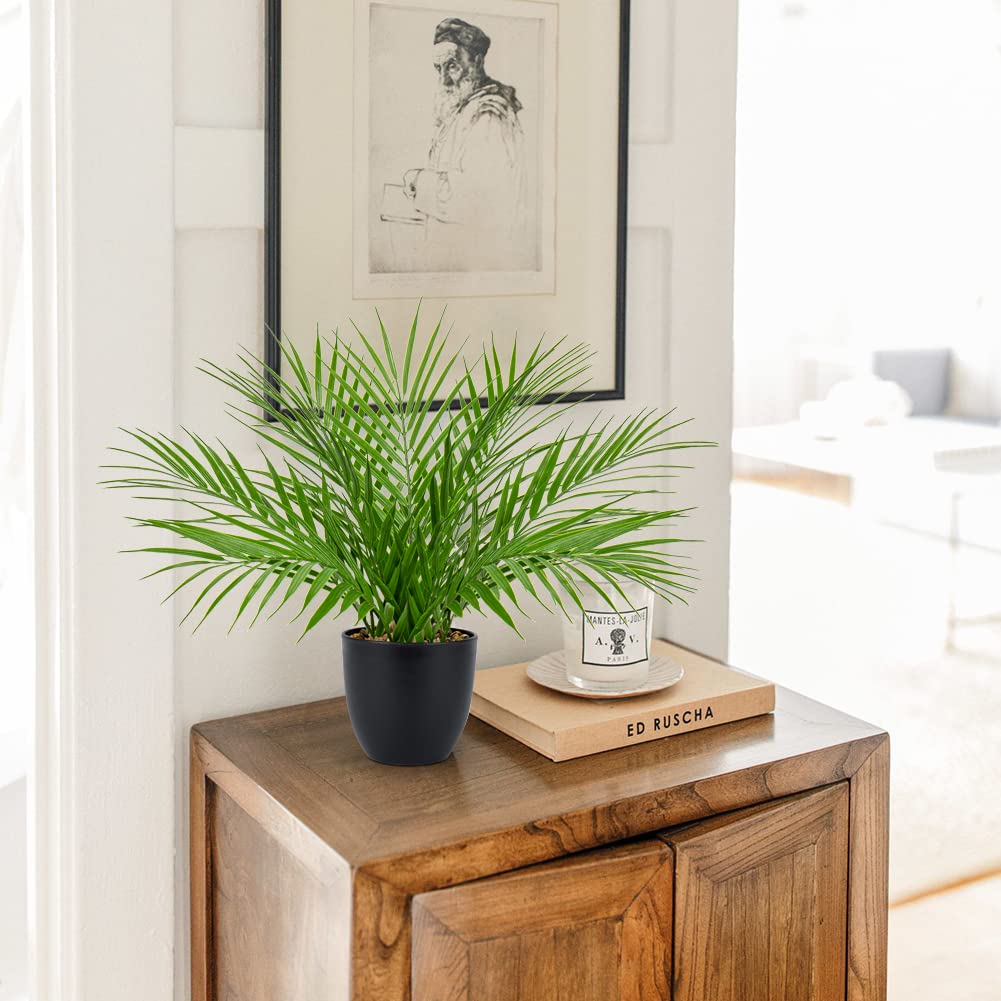 Briful Fake Plant 15’’ Artificial Palm Plant in Matte Black Pot Realistic Faux Tropical Palm Tree Houseplant for Home Indoor Living Room Tabletop Bedroom Decorations