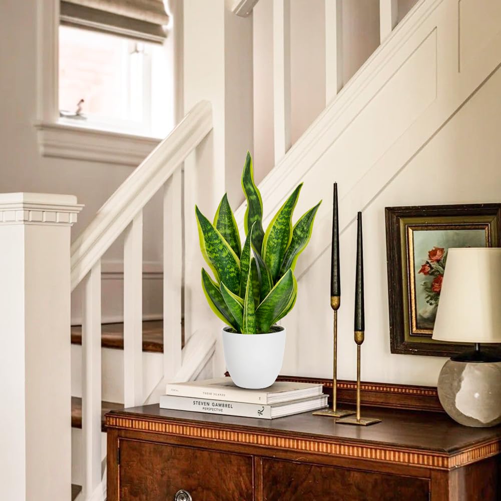 Hollyone Artificial Snake Plant Potted Faux Sansevieria Trifasciata Plants, 18" Tropical Fake Plants in White Pots for Home Office Room Indoor Decor Housewarming Gifts