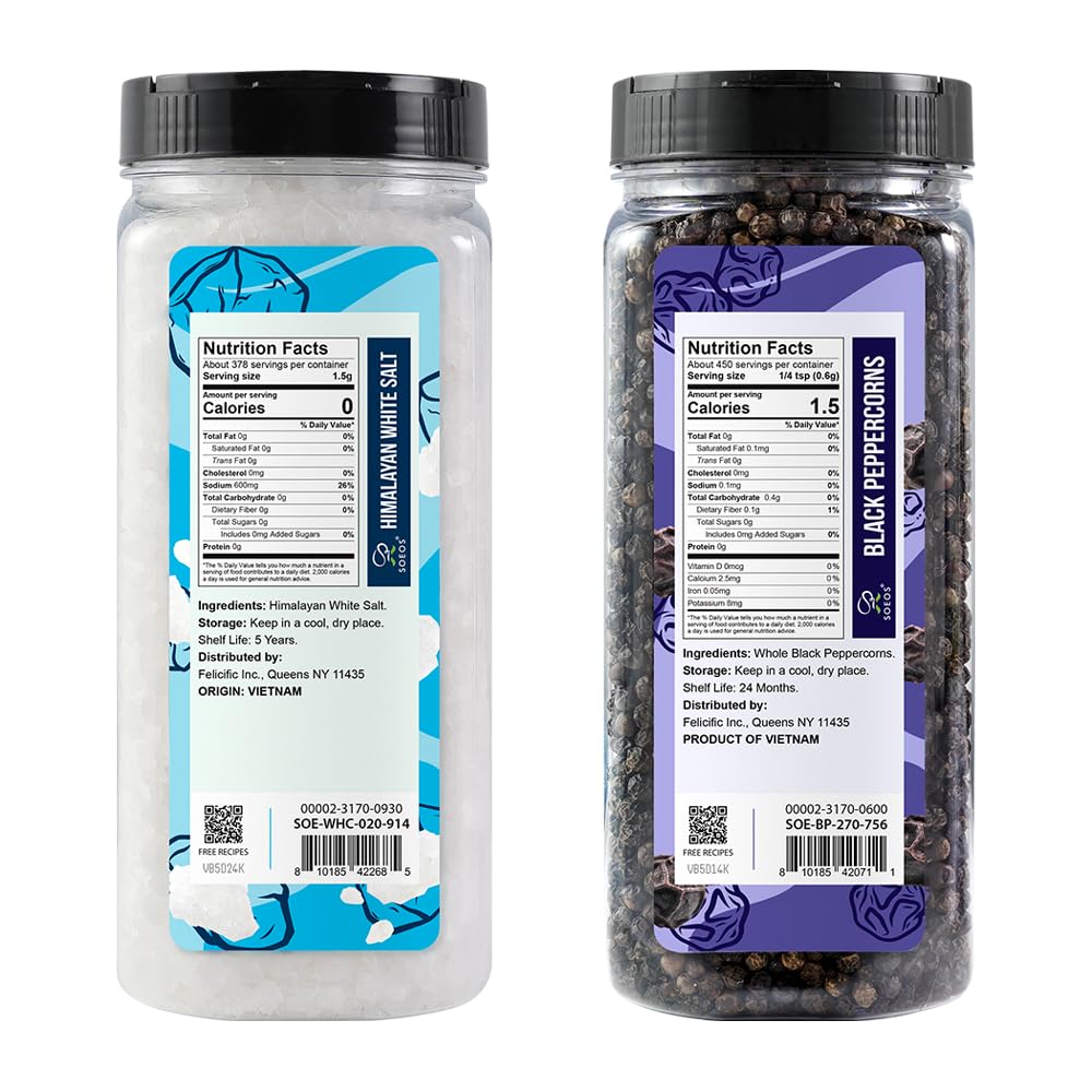 Soeos Himalayan White Salt 20 Oz + Whole Black Peppercorns 9.5 Oz, Coarse Grain, White Sea Salt, Black Peppercorns, Salt and Pepper Grinder Refill, Spice Seasoning Set for Cooking, 837g (2 Set)