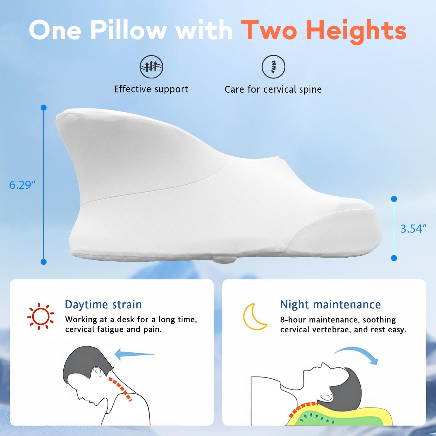 Dual-Height Cervical Neck Pillow for Pain Relief, Memory Foam Pillows with Cooling Tech -3D Ergonomic Support, Cooling Cover, for Side/Back/Stomach Sleeper Pillow, Minimalist Style - Gray,White
