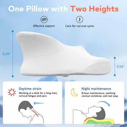 Dual-Height Cervical Neck Pillow for Pain Relief, Memory Foam Pillows with Cooling Tech -3D Ergonomic Support, Cooling Cover, for Side/Back/Stomach Sleeper Pillow, Minimalist Style - Gray,White