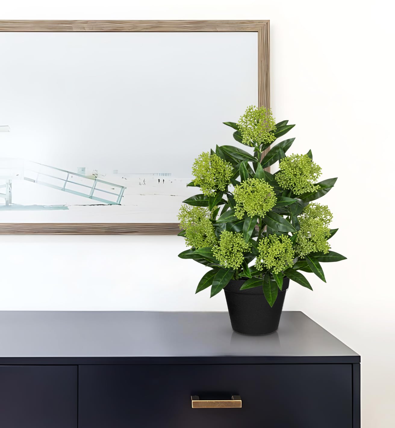 Briful Artificial Skimmia Japonica Plant in Pot, 20.8" Tall Faux Green Berry Flowers with Black Pot, Realistic Potted Floral Arrangement for Home Office Table Shelf Decor