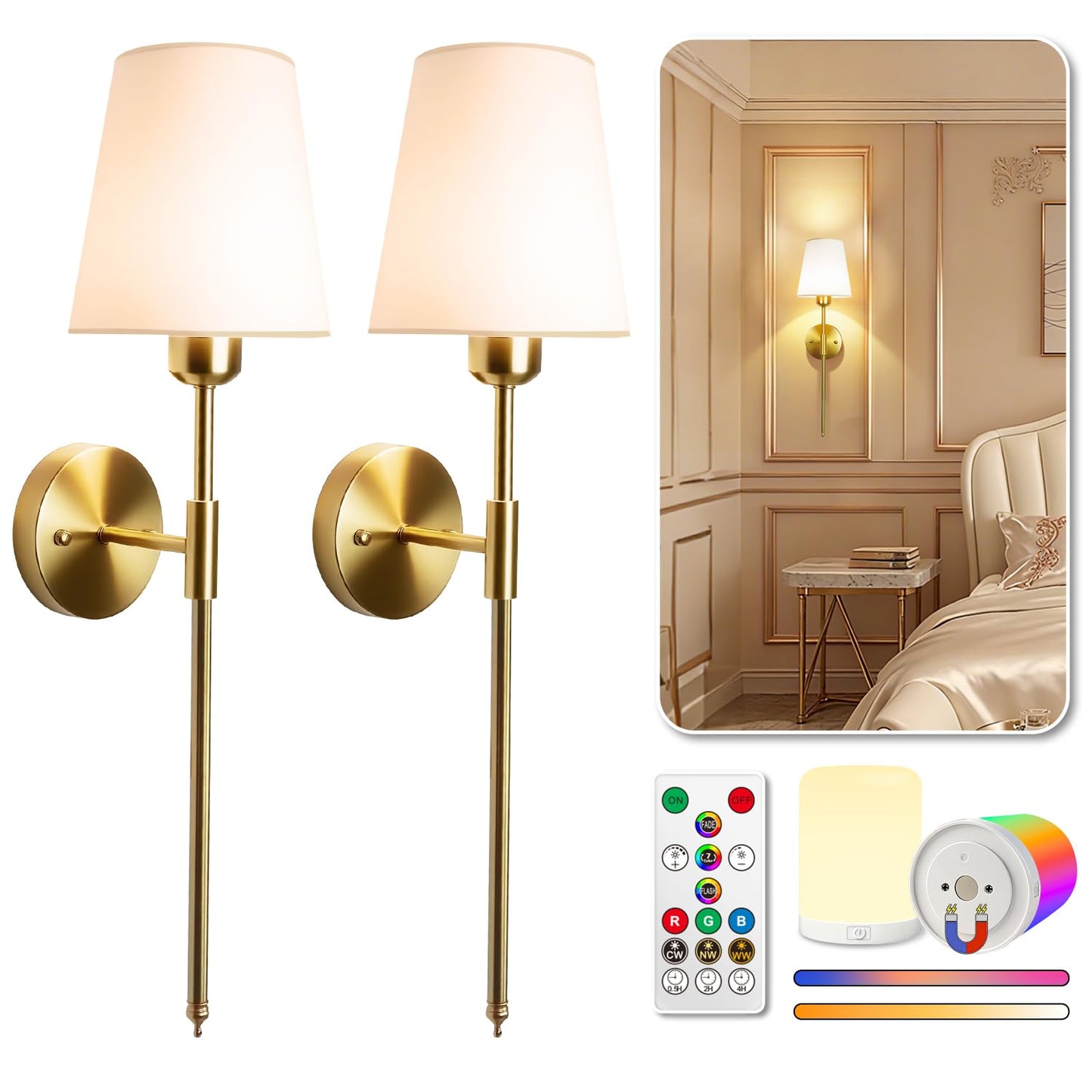 Adetu Wall Sconces Set of Two, Battery Operated Wall Sconce with 10000mAh RGB Dimmable Magnetic Bulbs and Remote, Rechargeable Wall Lights for Bedroom Living Room Hallway Decor