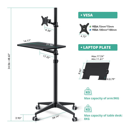 Viozon Mobile Desk,Mobile Workstation,Mulitiuse Rolling Laptop Floor Stand,34"-48.6" Height Adjustable,Compatible with 17"-27" Monitor&12"-17" Laptop,21"×14" Desk,Maxload 17.6lbs,4 Lockable Wheels B