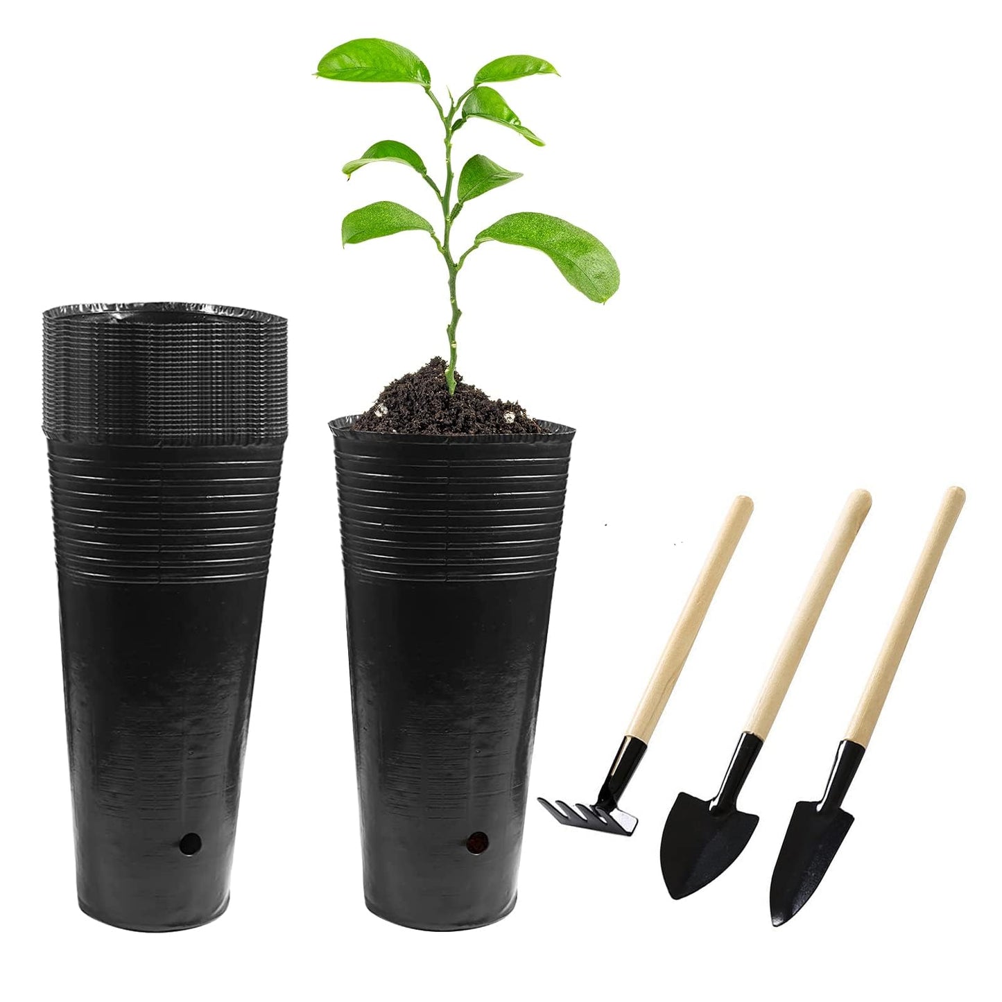 Hzloyat 20 Pcs Plastic Deep Nursery Pots - 9.8" Tall Tree Pots, Indoor/Outdoor Use with 3 Pcs Garden Tools