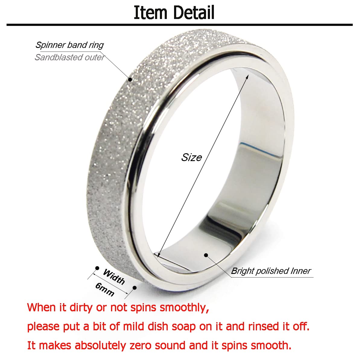OreilleStar Anxiety Ring for Women Fidget Spinner Ring Fidget Toys Adults Titanium Stainless Steel Thumb Ring 6mm Wide Sivler Size 10