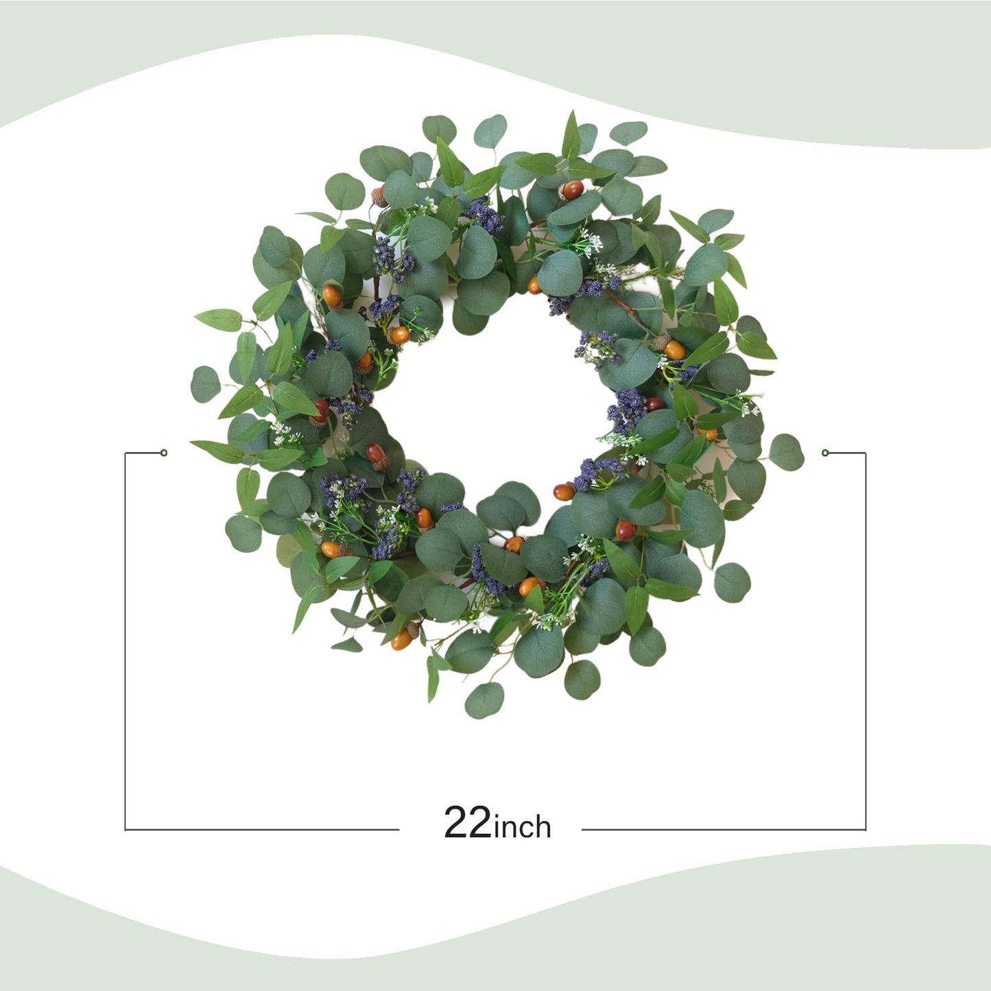 TEMPUS 22" Eucalyptus Wreath for Front Door - Pre-Fluffed Greenery Wreath with Olive Leaves & Hazelnuts, Farmhouse All-Season Door Decor