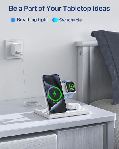 Wireless Charger,Foldable 3 in 1 Wireless Charger Stand for Apple Watch,Airpods Pro/3/2,Fast Wireless Charging Station for iPhone 17/Air/16/15/14/13/12/11/XS/XR/X/8（No Plug Included)