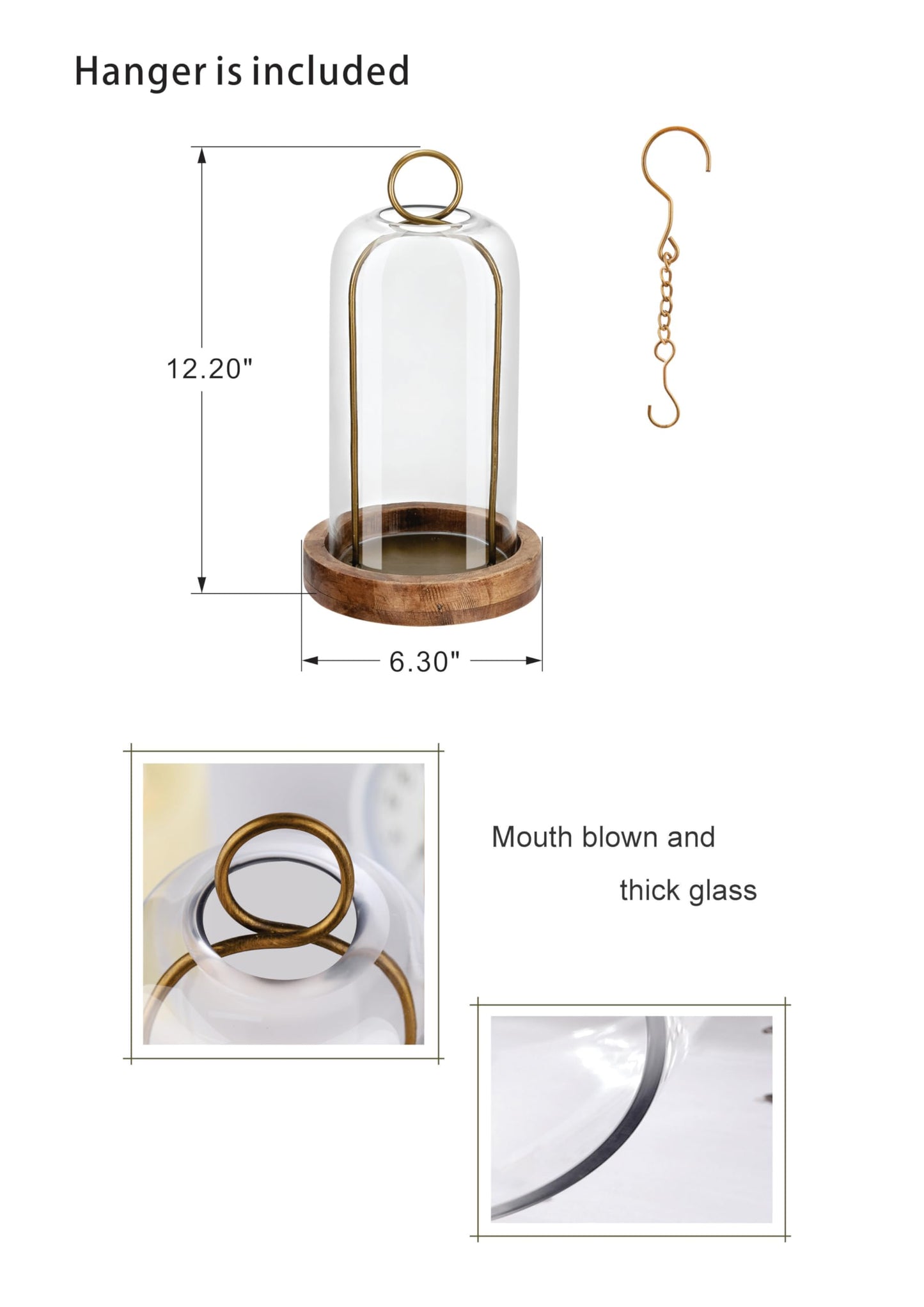 12" High Versatile Vintage Brass Metal Candle Holder with Handmade Sturdy Glass Dome and Natural Wooden Base for Pillar Candle & Plants, Industrial, Farmhouse, Shabby Chic, Display Cloche Bell Jars