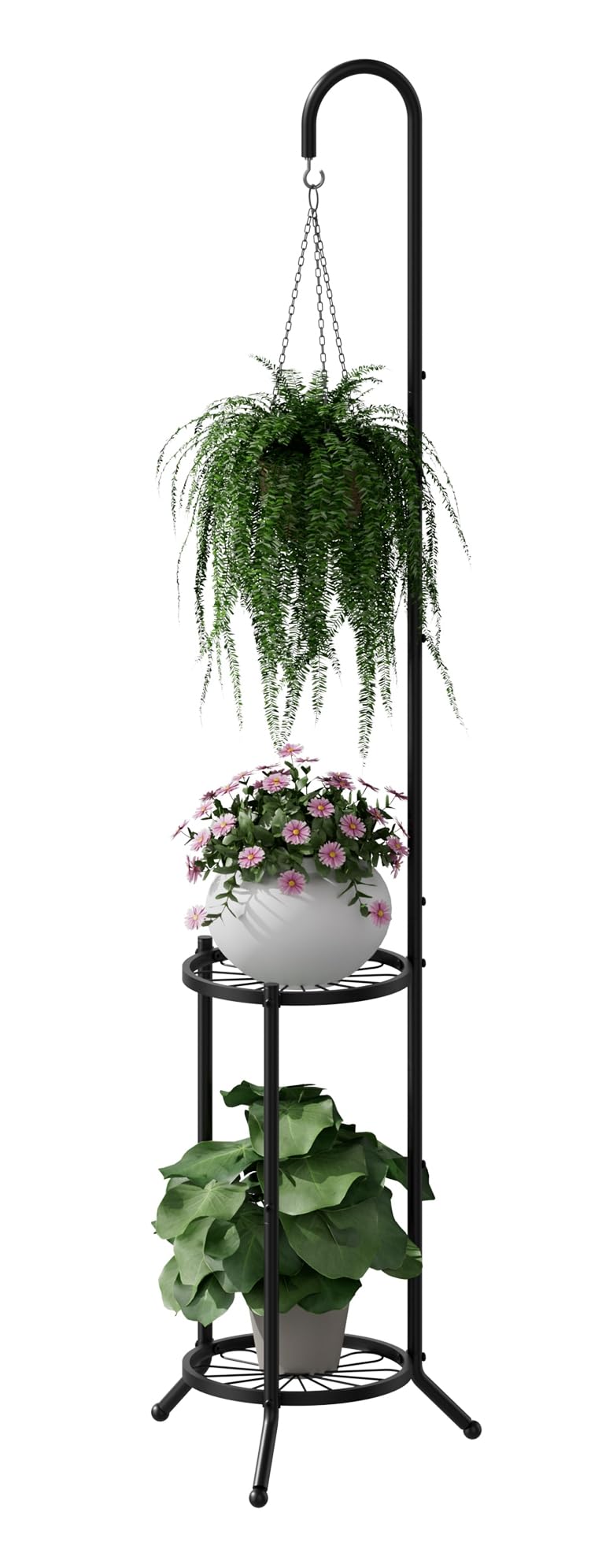 2-Tier Hanging Plant Stand, Heavy Duty Metal Planter Rack - Space Saving Indoor/Outdoor Shelves with 41" Hanging Space - Display Multiple Flower Pots, Tall Iron Plant Organizer for Living Room, Patio & Garden