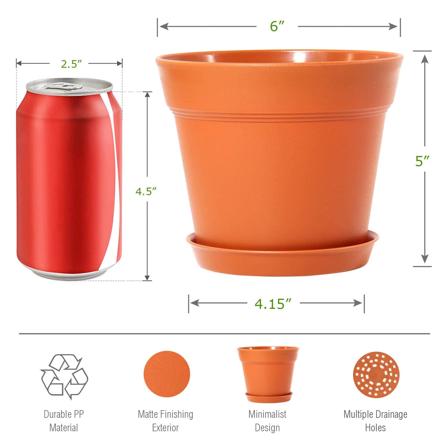 WOUSIWER 16 Pack 6 inch Plastic Planters, Plastic Indoor Planter Flower Pots, Heavy Duty and Stylish 6 Inch Plant Pots for Indoor Plants with Drainage Holes and Tray for Plants, Flowers, Terracotta