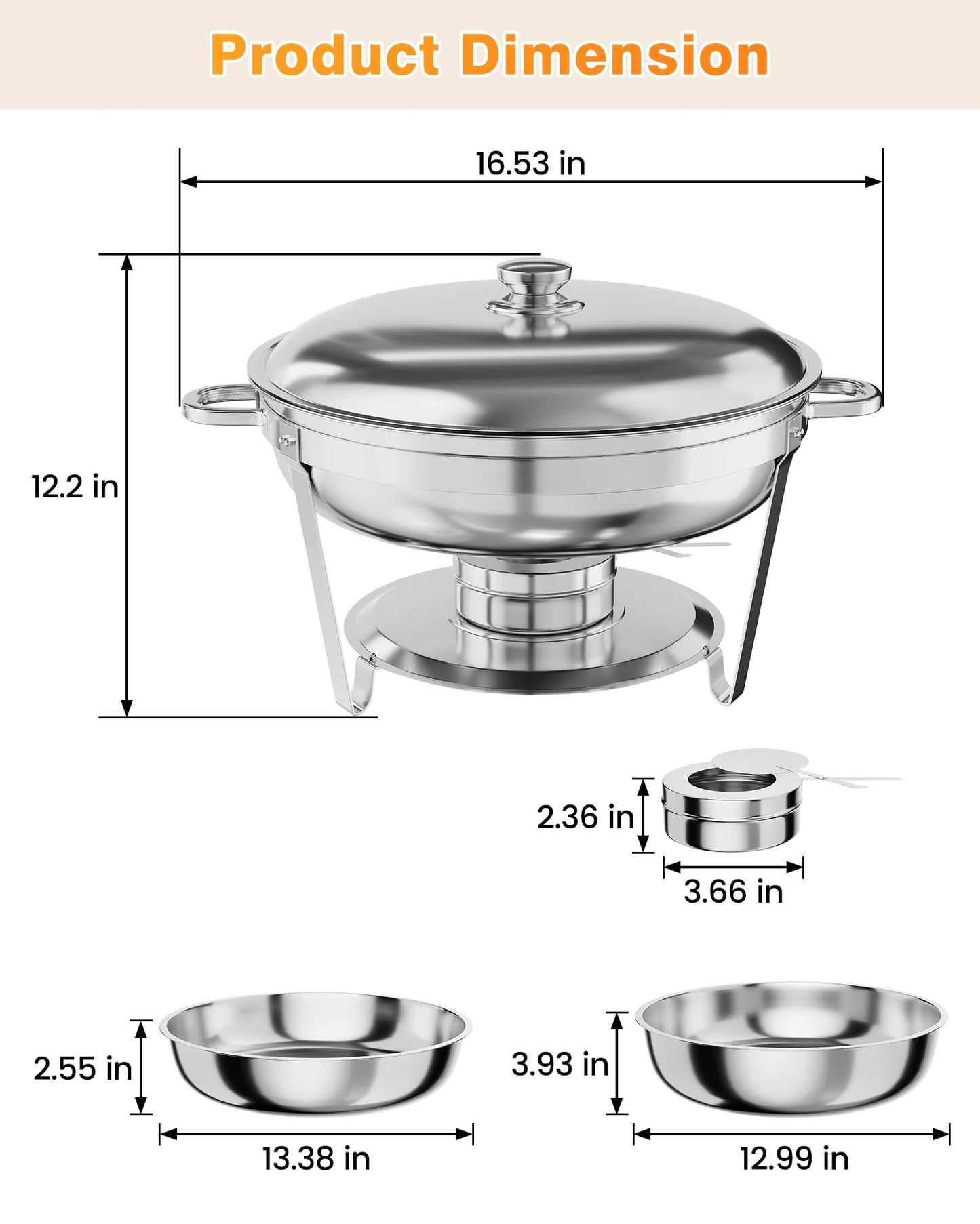 5QT Chafing Dish Buffet Set of 6 Pack, Food Warmers and Servers Round Stainless Steel Chafer with Food & Water Pan, Lid, Frame, Fuel Holder for Catering,Parties and Festivals