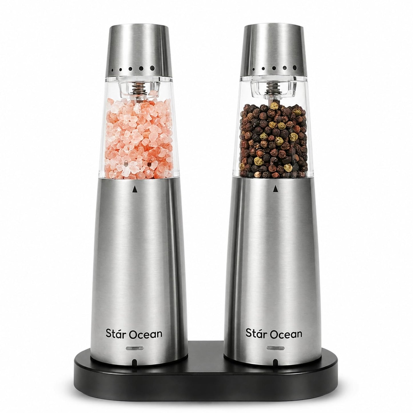 StarOcean Rechargeable Electric Salt and Pepper Grinder Set with USB-C Charging Base, Stainless Steel Automatic Gravity Grinders, 5 Adjustable Coarseness, Kitchen Gift