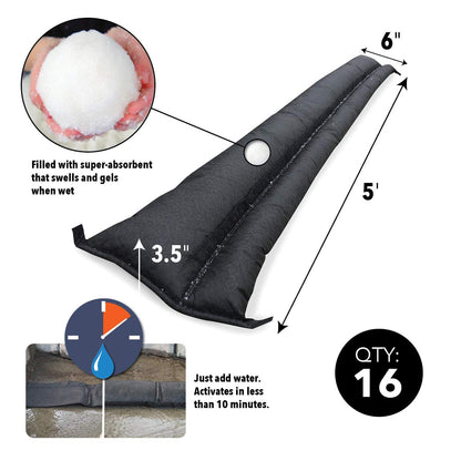 Quick Dam Water Activated 5ft Flood Barrier, Reusable Water Absorbers for Diverting Water, Protects from Rain, Spills, Leaks, Floods & More, - Pack of 16