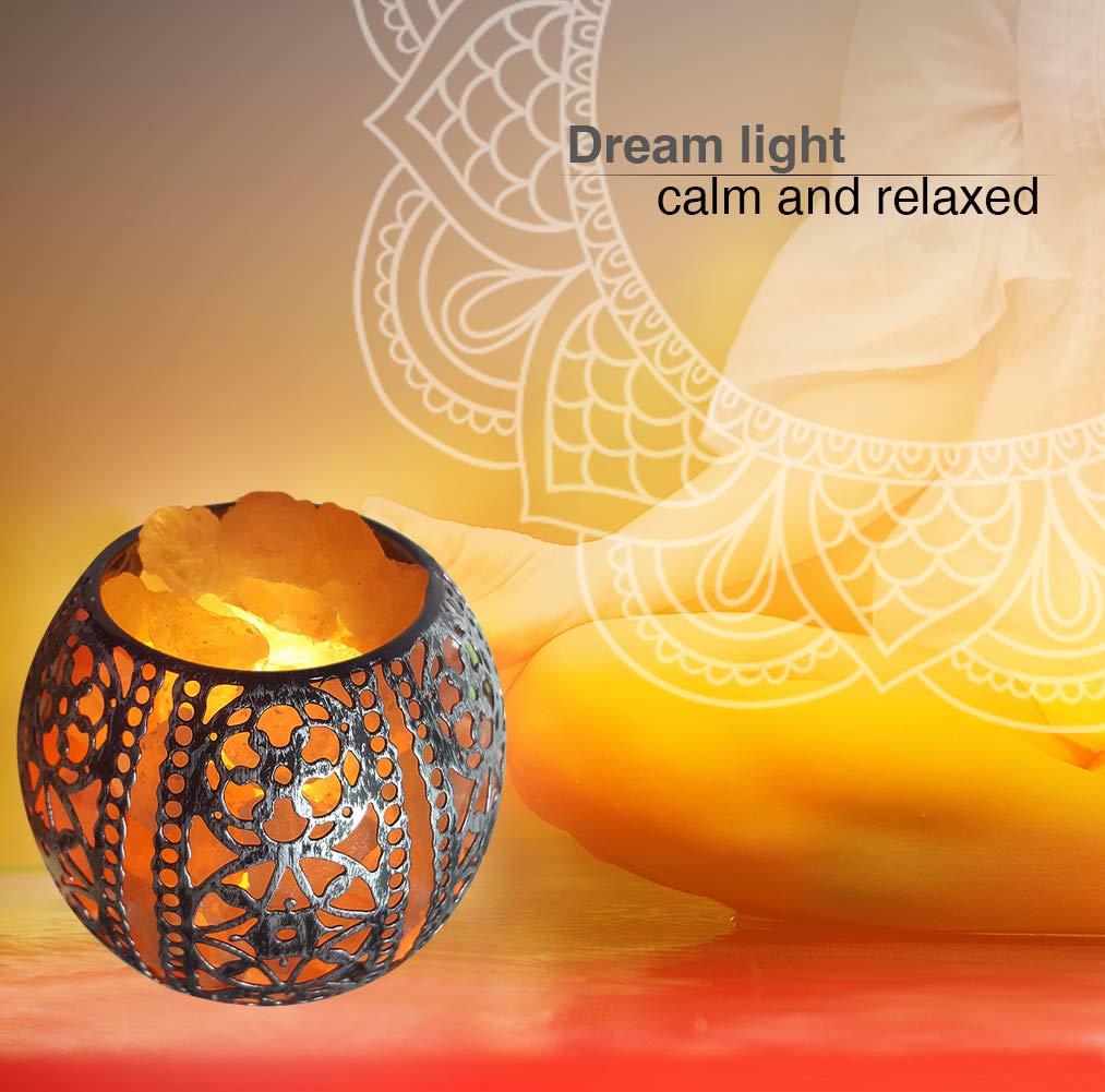 IMY King Salt Night Light,Natural Wall Light Salt Lamp with 1 Bulbs, Himalayan Rocks Salt Lamp with Spherical Metal Basket Gift（Flame lamp）