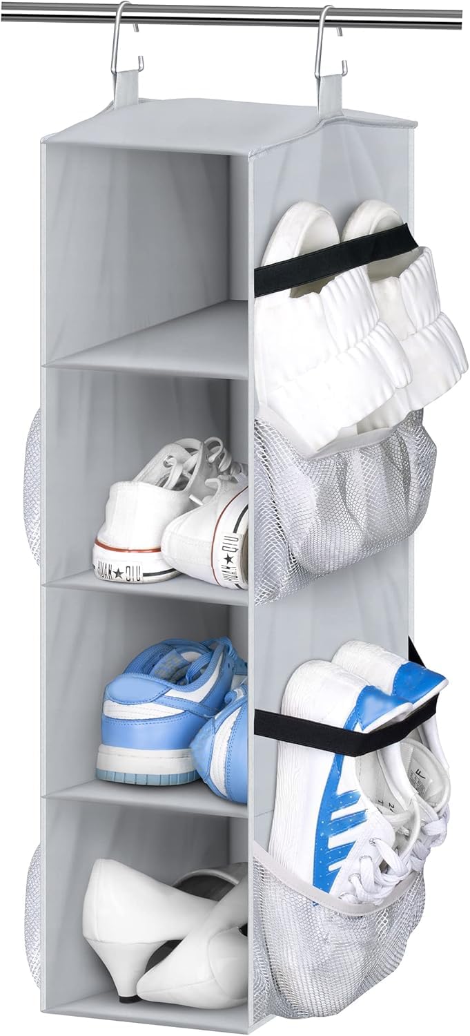 SLEEPING LAMB Short Hanging Shoe Organizer for Closet Storage with Mesh Side Pockets Holds 8 Pairs, Hanging Shoe Rack Hanger RV, Camper, Grey