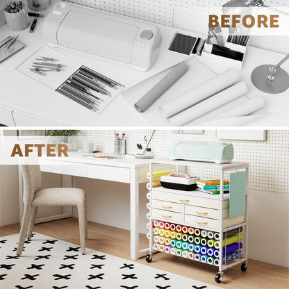 LUCKUP Organization and Storage Craft Table for Cricut Machines, Rolling Cart Cabinet with Extend Tabletop, 51 Vinyl Roll Holders, 5 Drawers & Heat Press Workstation