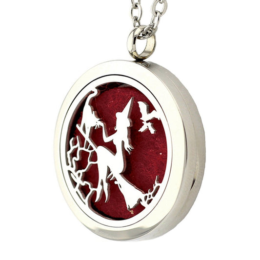 Popeoiuh Essential Oil Diffuser Necklace - Aromatherapy Jewelry Halloween Stainless Steel Magic Witch Locket Pendant with 24 Inches Chain + 8 Washable Refill Pads Birthday