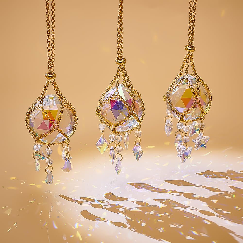 CRAFTYMELODY 3pcs Crystal Ball Prism Suncatchers Hanging Golden Rainbow Maker Window Hang Sun Catcher Pendant with Crystals Star Chain 28.8mm for Indoor Home Garden Wedding Decor DIY Crafts Jewelry