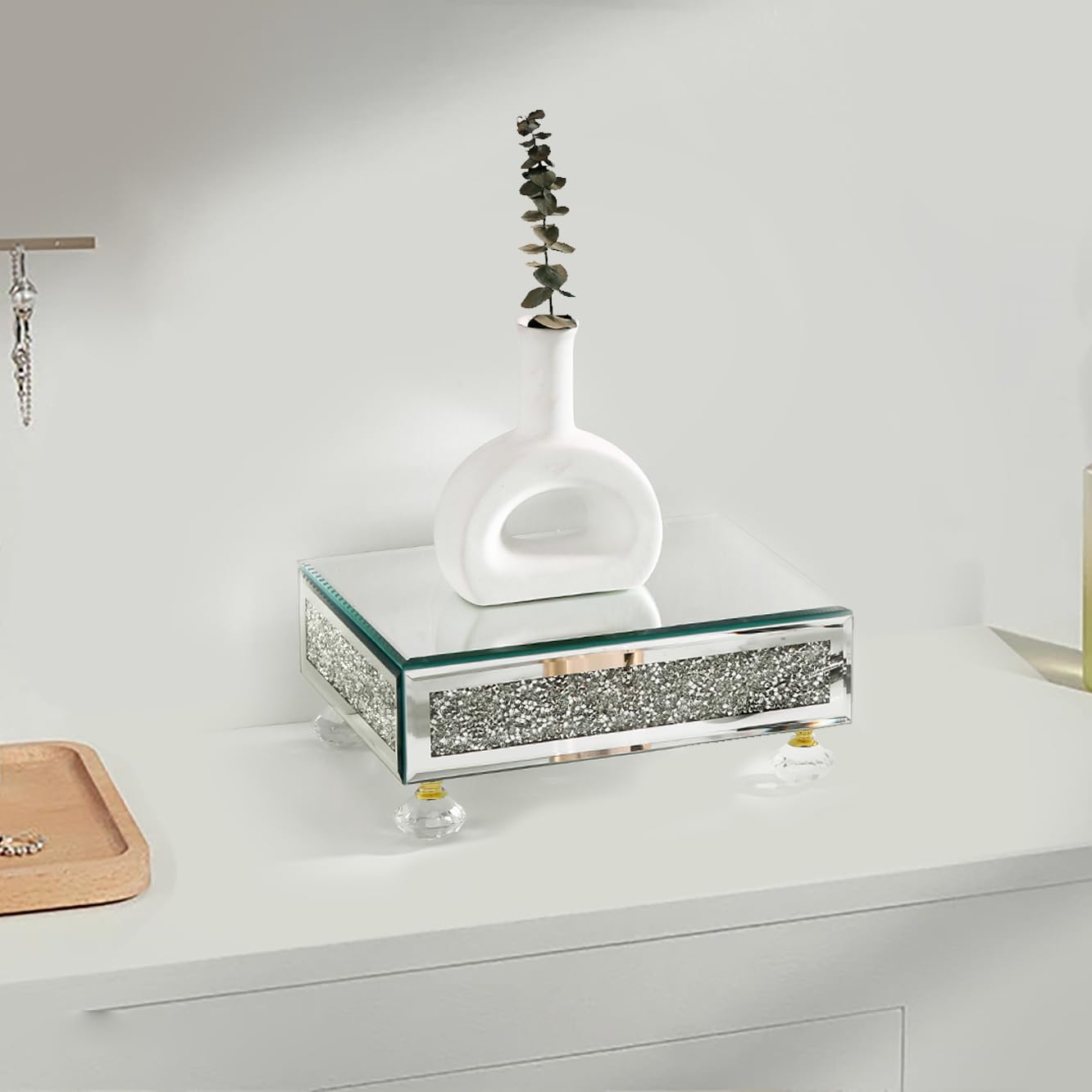 TACIDON Modern Mirrored Riser for Display : Crushed Diamond Decorative Pedestal Stand for Kitchen Counter and Home Decor , Glass Display Tray for Bathroom Soap, Sink, Vase，Perfume (Gold)