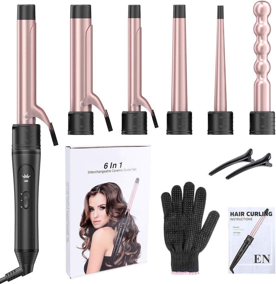 6-in-1 Curling Iron, Professional Instant Heat Up Hair Curling Wand Set with 6 Interchangeable Ceramic Barrels (0.35'' to 1.25'') and 2 Temperature Adjustments, Heat Protective Glove & 2 Clips