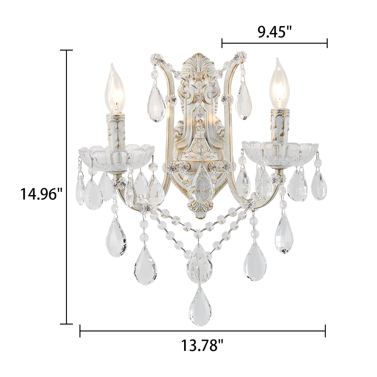 YLONG-ZS French Country Crystal Wall Sconce, 2-Light Distressed White Gold Candle Style with Teardrop Crystals, Hardwired Indoor Decor for Bedroom Bathroom Vanity, E12 Base