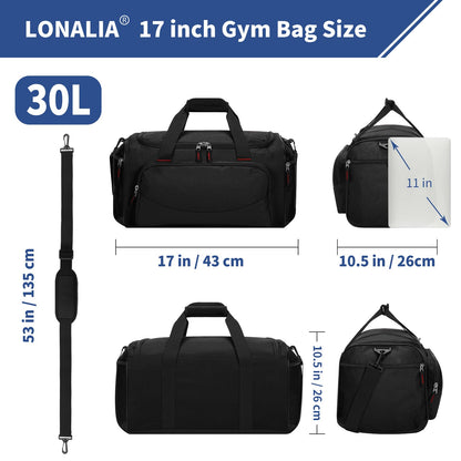 LONALIA 30L Gym Sport Duffle Bag - 17 inch Carry on Weekender Overnight Bag for Travel, Workout, Fitness (Black-30L)