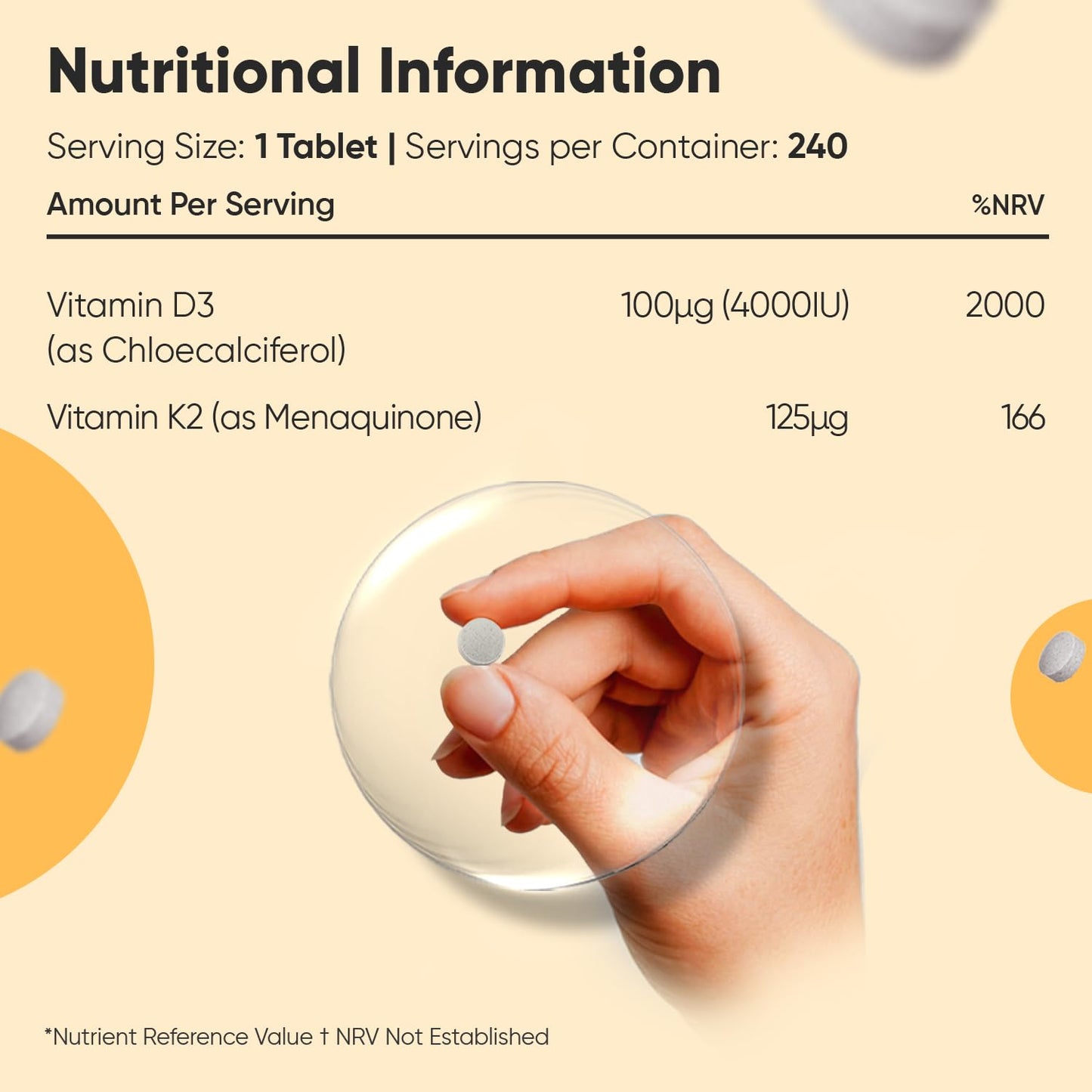 Vitamin D3 4000IU & K2 125μg (MK7) | 240 Easy to Swallow Vitamin D Tablets as Cholecalciferol | 8 Months Supply | VIT D3 K2 Supplements | 1 a Day VIT D