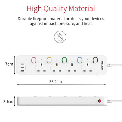 Mscien 3M Extension Lead with USB Slots, 4 Way 3 USB Extension Socket with Individual Switches Mountable Overload Protection Power Strips with 3Metre Extension cable 3250W