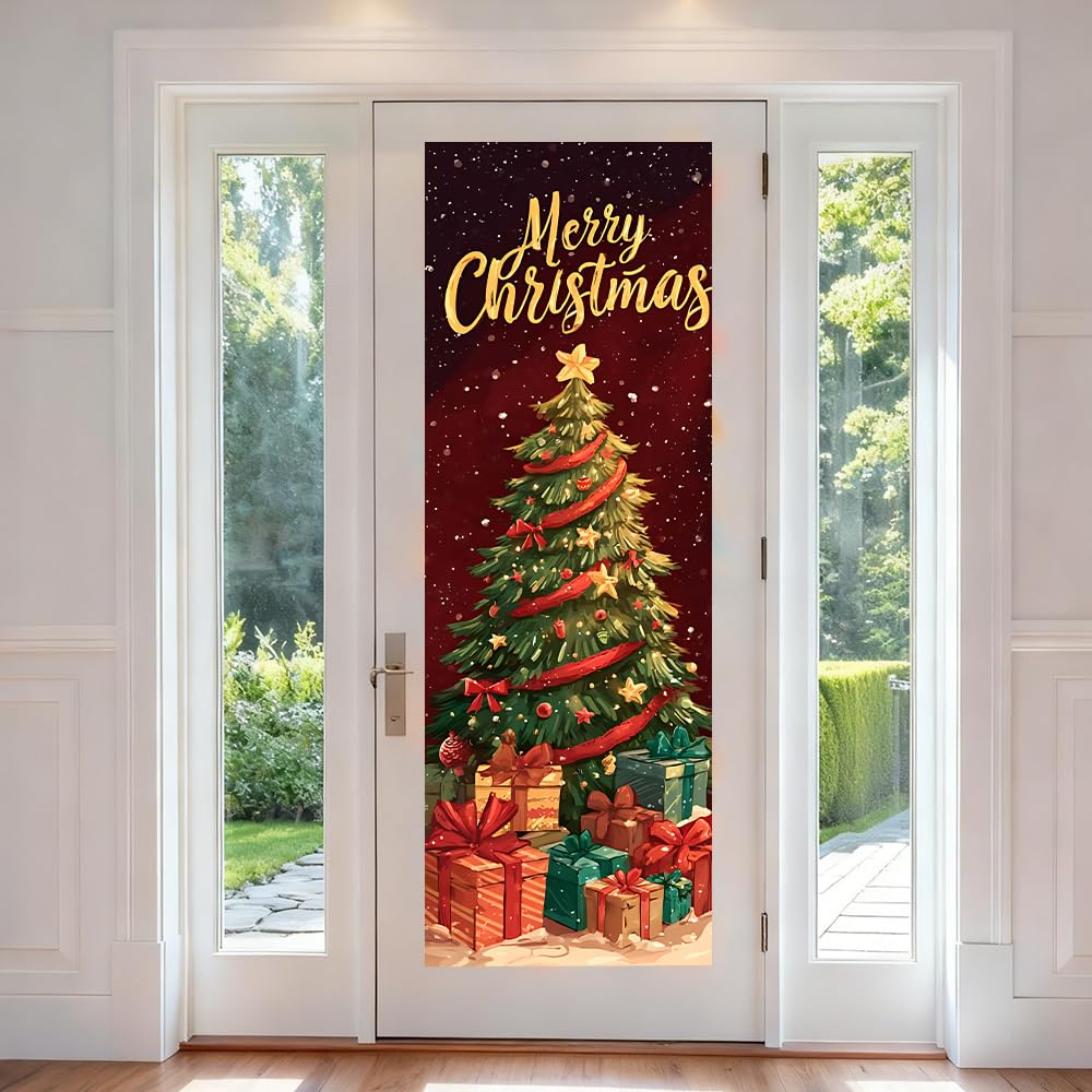 WDESYADMS 1PC Christmas Tree Door Sticker 30.3x78.7 Inch Self Adhesive PVC Peel and Stick Holiday Door Mural with Gift Boxes for Home Living Room Office Entrance Wall Art Decoration