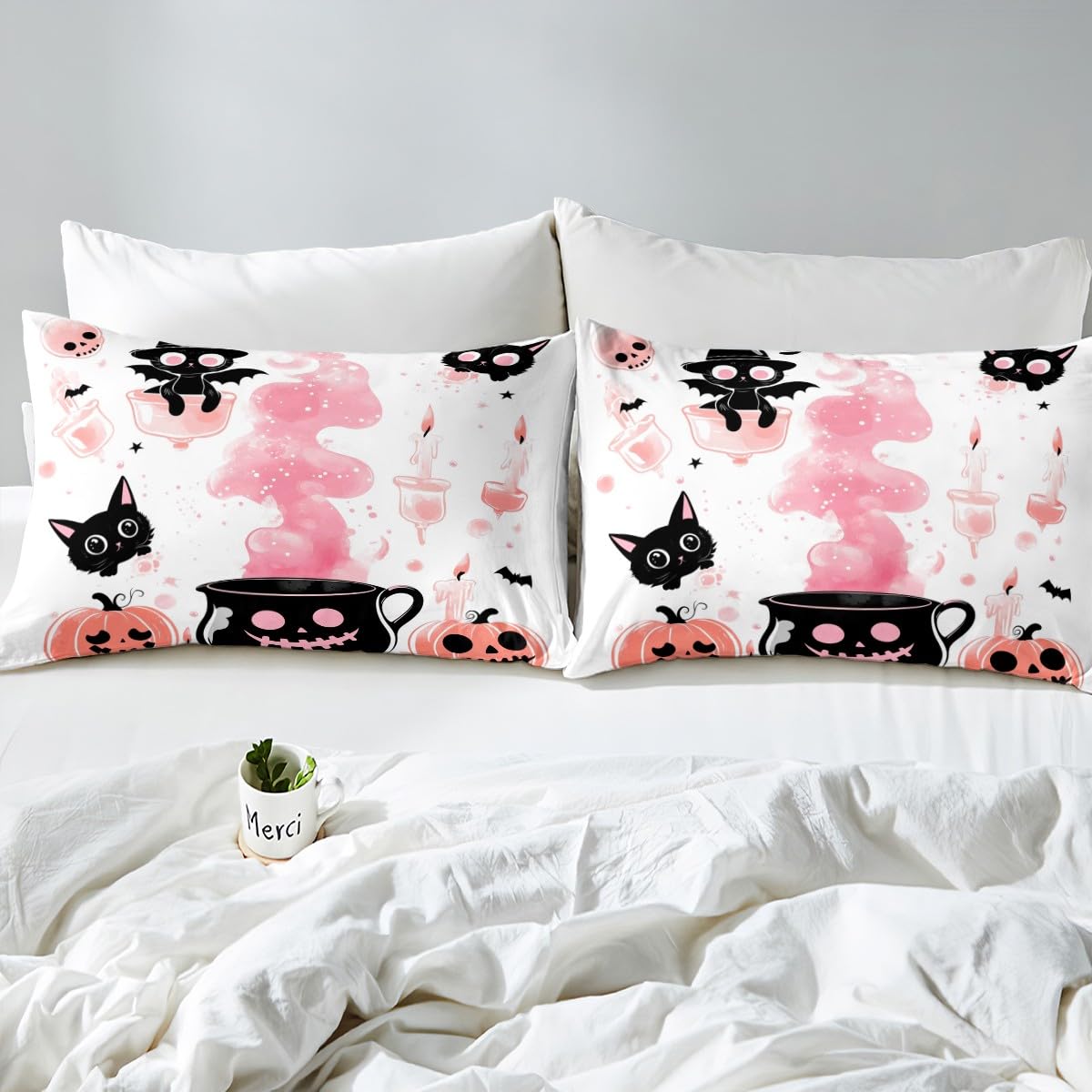 Feelyou Kids Halloween Bed Sheet Set Full Size, Pumpkin Fitted Sheet Boys Girls Cute Ghost Bedding Set Black Cat Teens Bedroom Decor with 2 Pillow Case (No Flat Sheet)