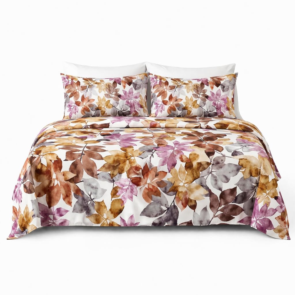 HCORA Leaf Print King Sheet Set, Ultra Soft Double Brushed Microfiber Bed Sheets, Deep Pocket, Breathable, Wrinkle Resistant, Easy Care, 4PC, King