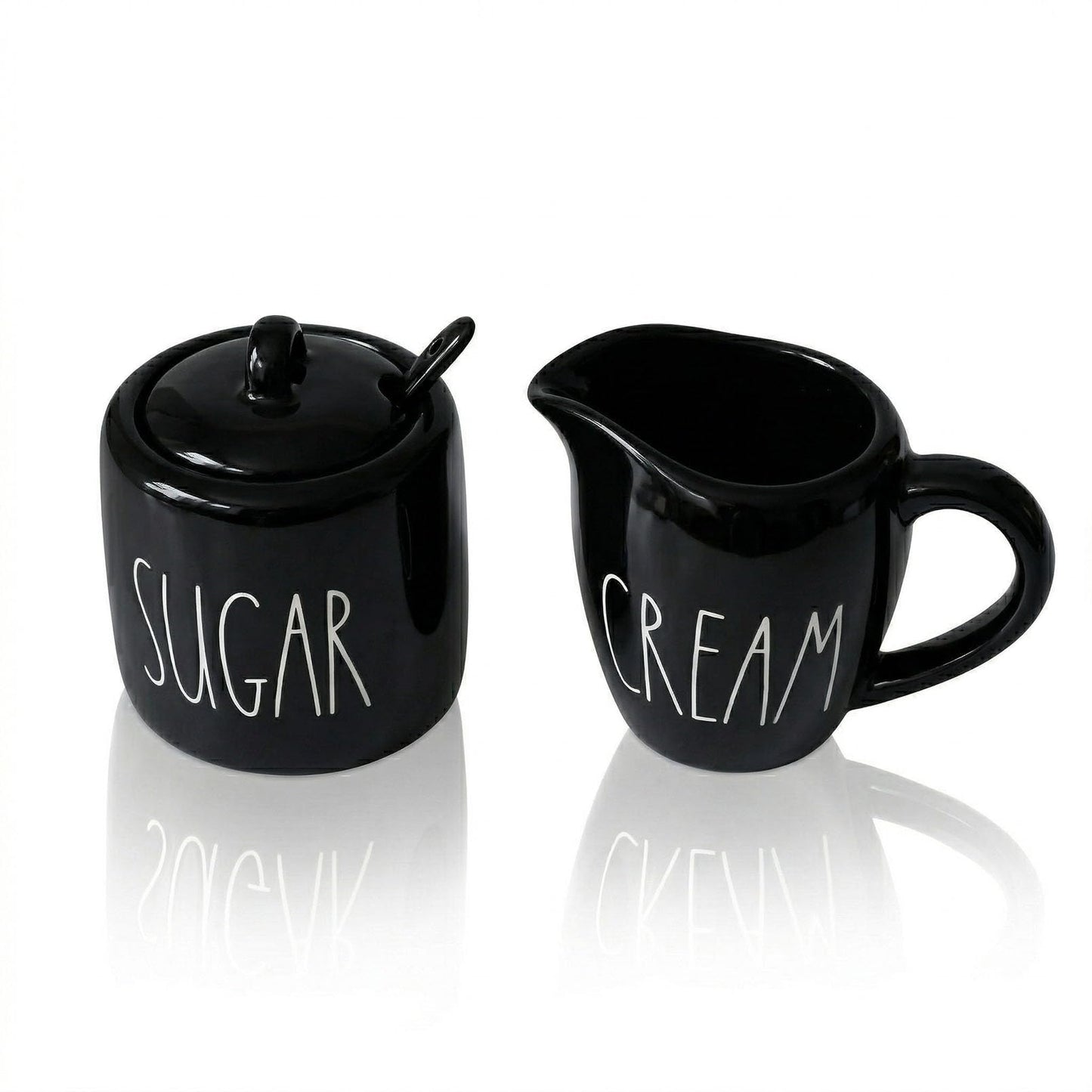 Sugar and Creamer Set, Cream Container and Sugar Holder Set for Coffee Bar, Farmhouse Sugar Bowl with Lid and Spoon, Ceramic Sugar Dispenser and Creamer Pitcher Set for Countertop (Black)